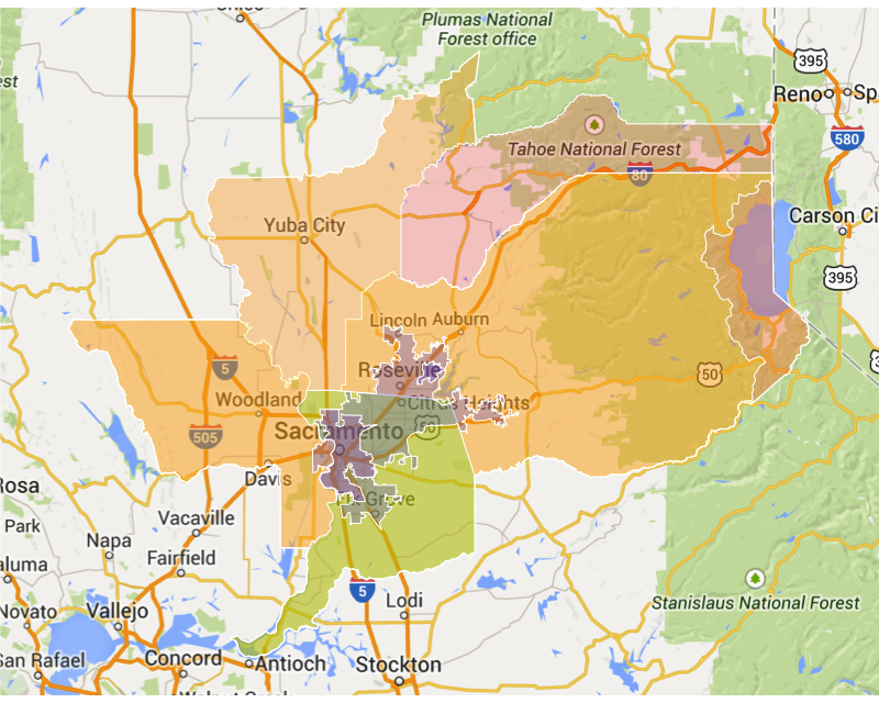 A map showing the boundaries of the City of Sacramento, Sacramento County, the metropolitan area, and larger multicounty divisions