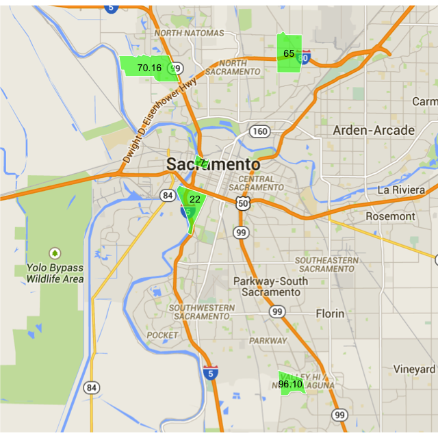 A map highlighting the 5 most diverse census tracts, all within City boundaries, but otherwise scattered far apart from each other