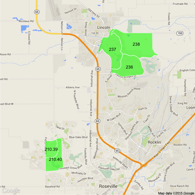 A map highlighting the 5 least diverse census tracts, all clustered together in Roseville and Lincoln