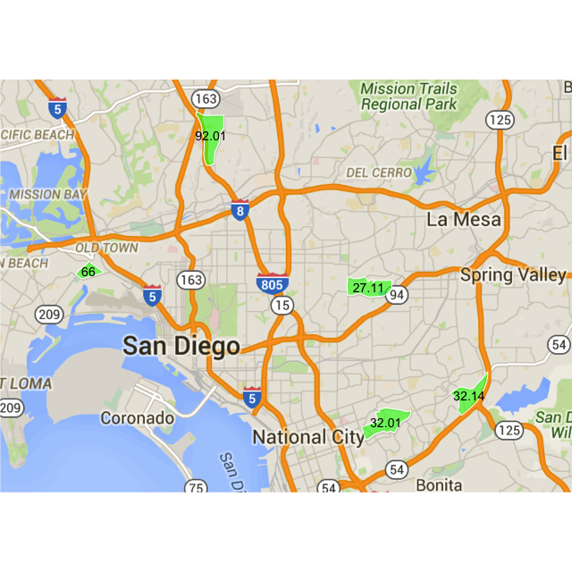 A map highlighting the 5 most diverse census tracts, scattered in different areas of the city