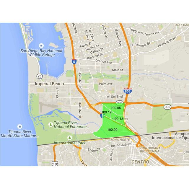 A map highlighting 4 of the 5 least diverse census tracts, all along the Mexican border