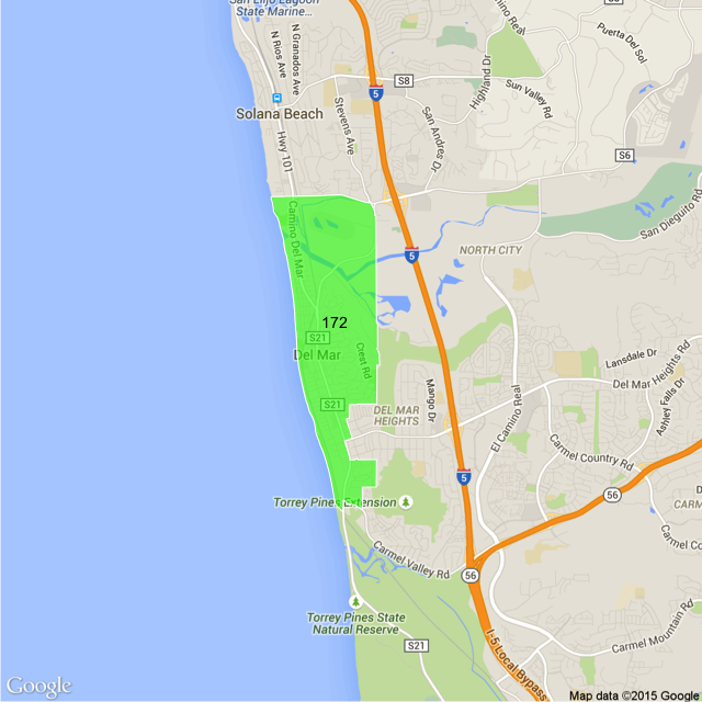 A map highlighting 1 of the 5 least diverse census tracts, in Del Mar